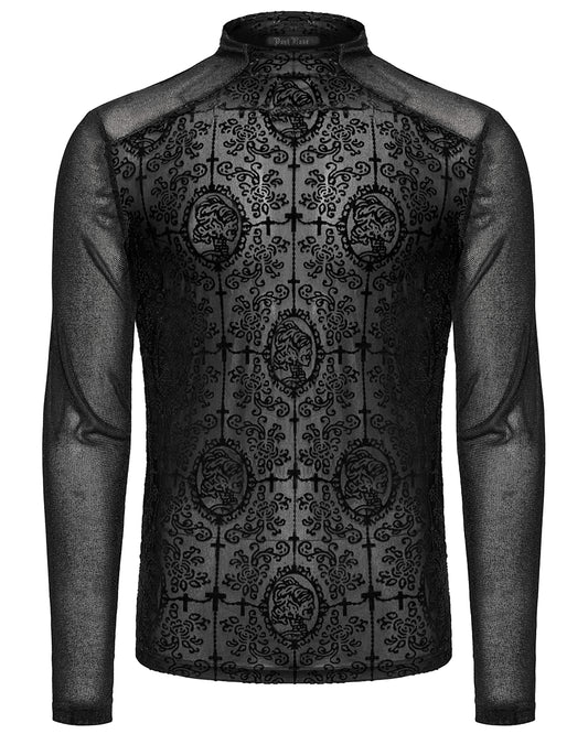 WT-907TCM-BKM Mens Gothic Skull Cameo Mesh Long Sleeve Tee