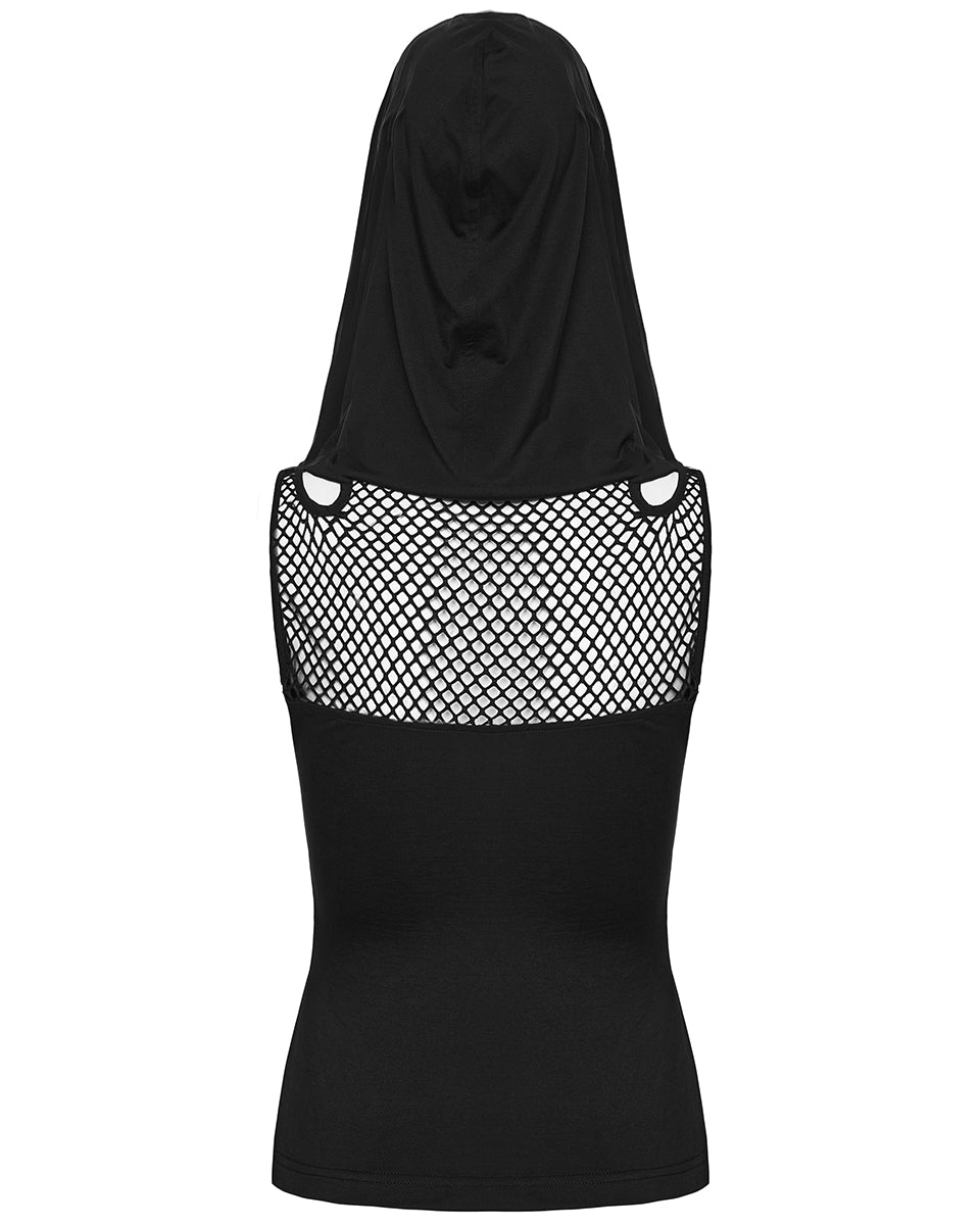 PR-OT-1084TDF-BKF Daily Life Womens Gothic Wasteland Fishnet Contrast Hooded Vest Top