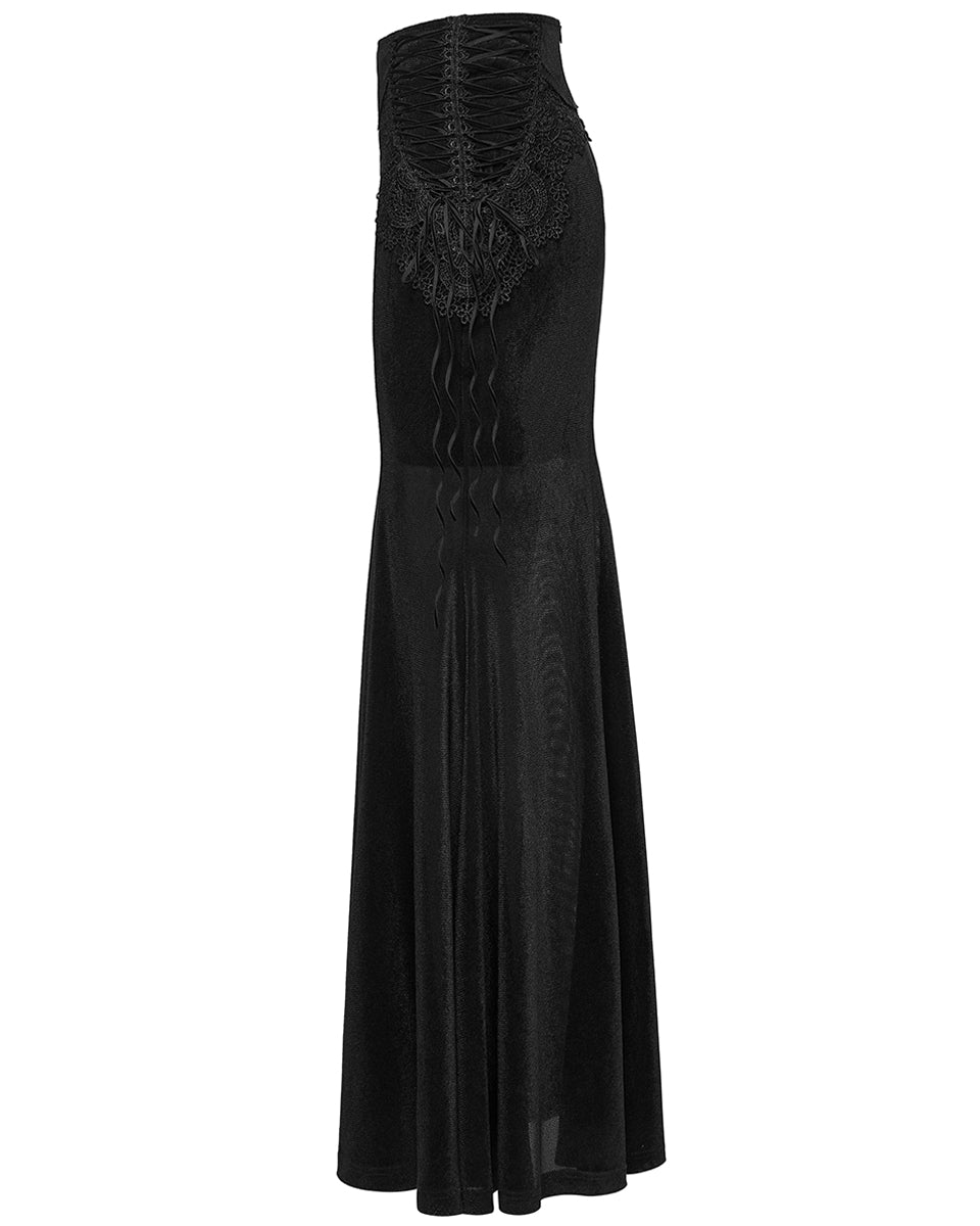 PR-WQ-929BQF-BKF Womens Long Gothic Velvet & Lace Applique Maxi Skirt