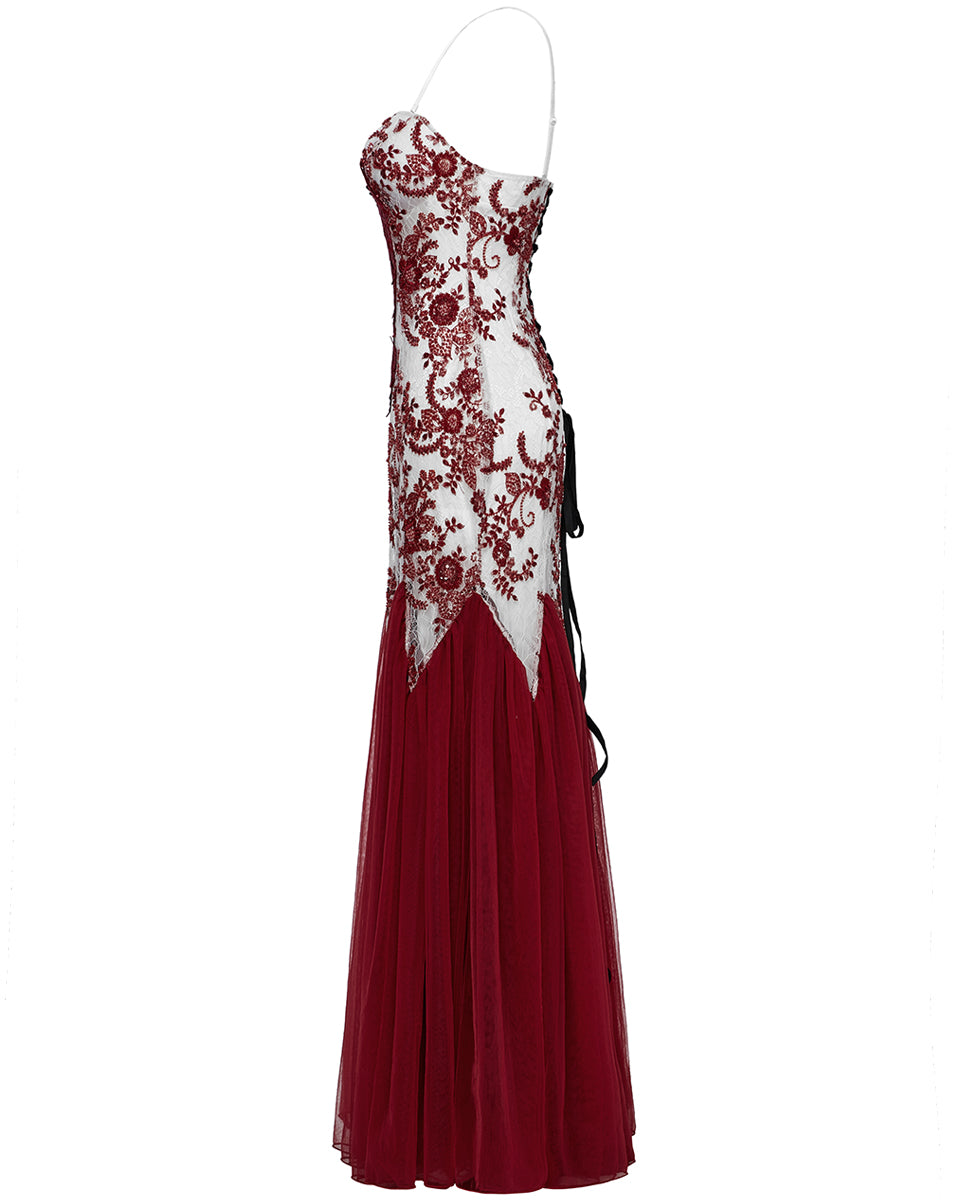 WQ-859DQF-WHRDF Womens Long Gothic Floral Sequined Wedding Prom Dress - White & Red