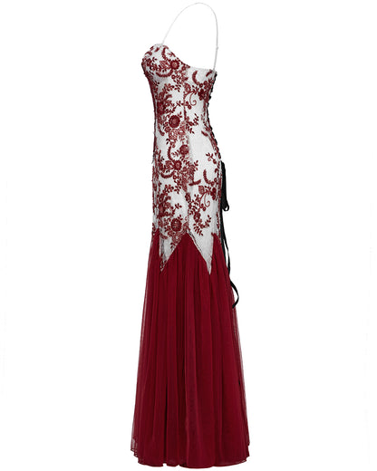 WQ-859DQF-WHRDF Womens Long Gothic Floral Sequined Wedding Prom Dress - White & Red