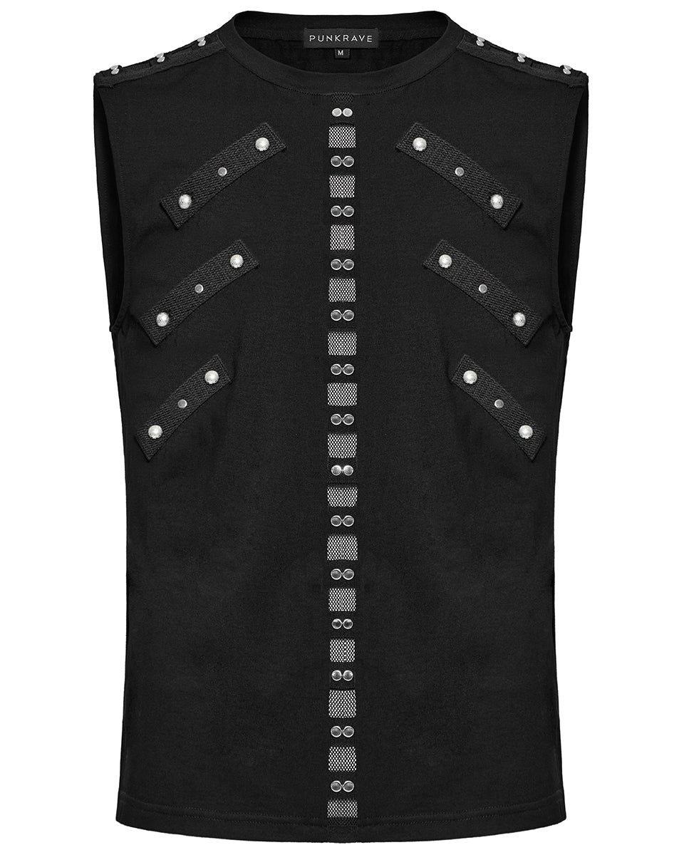 WT-899BXM-BKM Mens Dark Punk Studded Mesh Inset Tank Top Vest