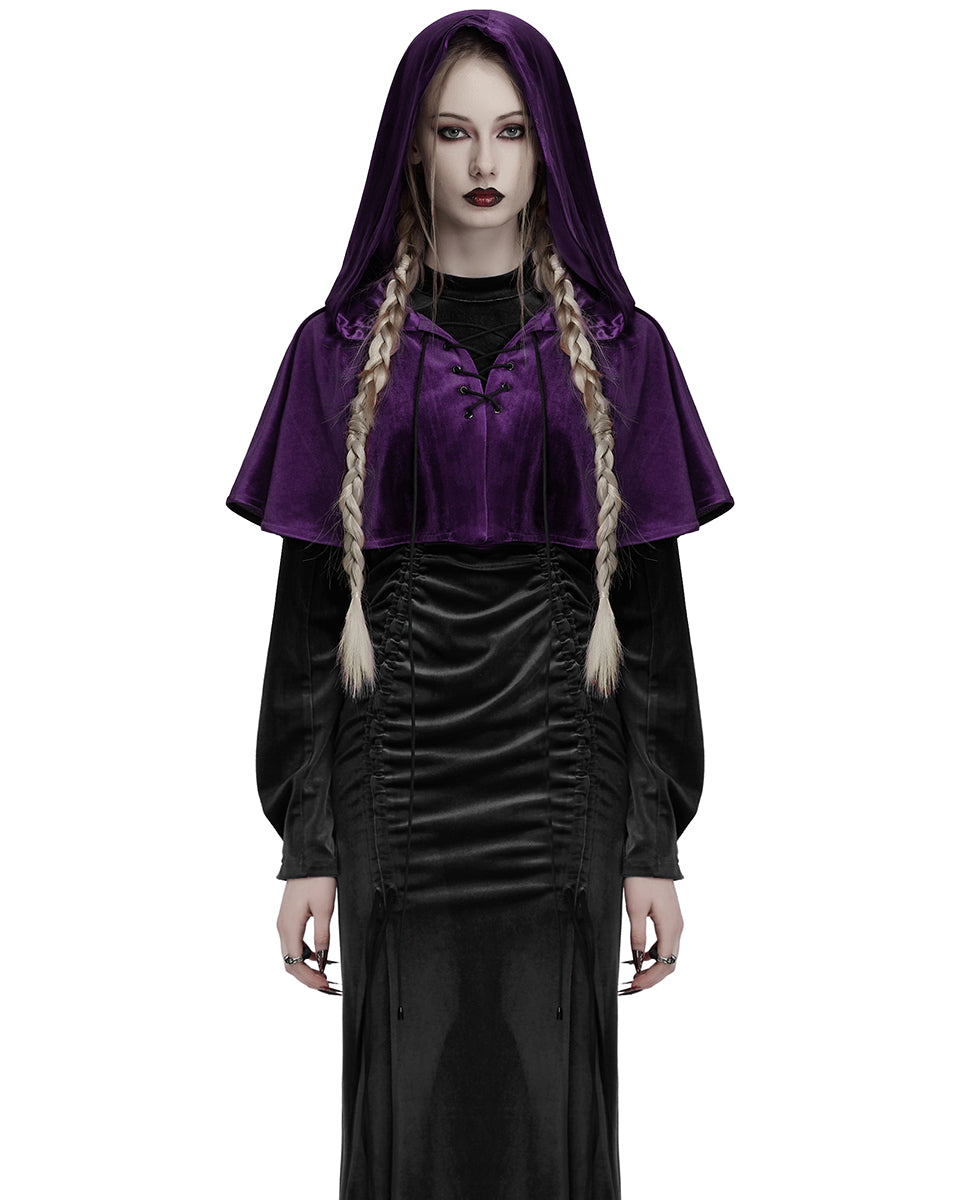OPY-444DQF Daily Life Womens Velvet Gothic Lolita Hooded Split Tails Bolero Cape - Purple