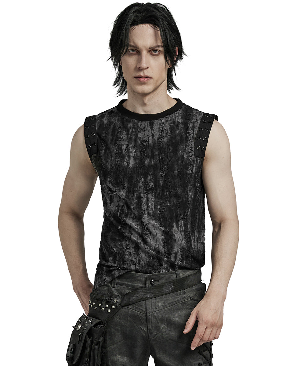 WT-887BXM-BKGYM Mens Apocalyptic Gothic Broken Knit Tank Top Vest - Distressed Grey & Black