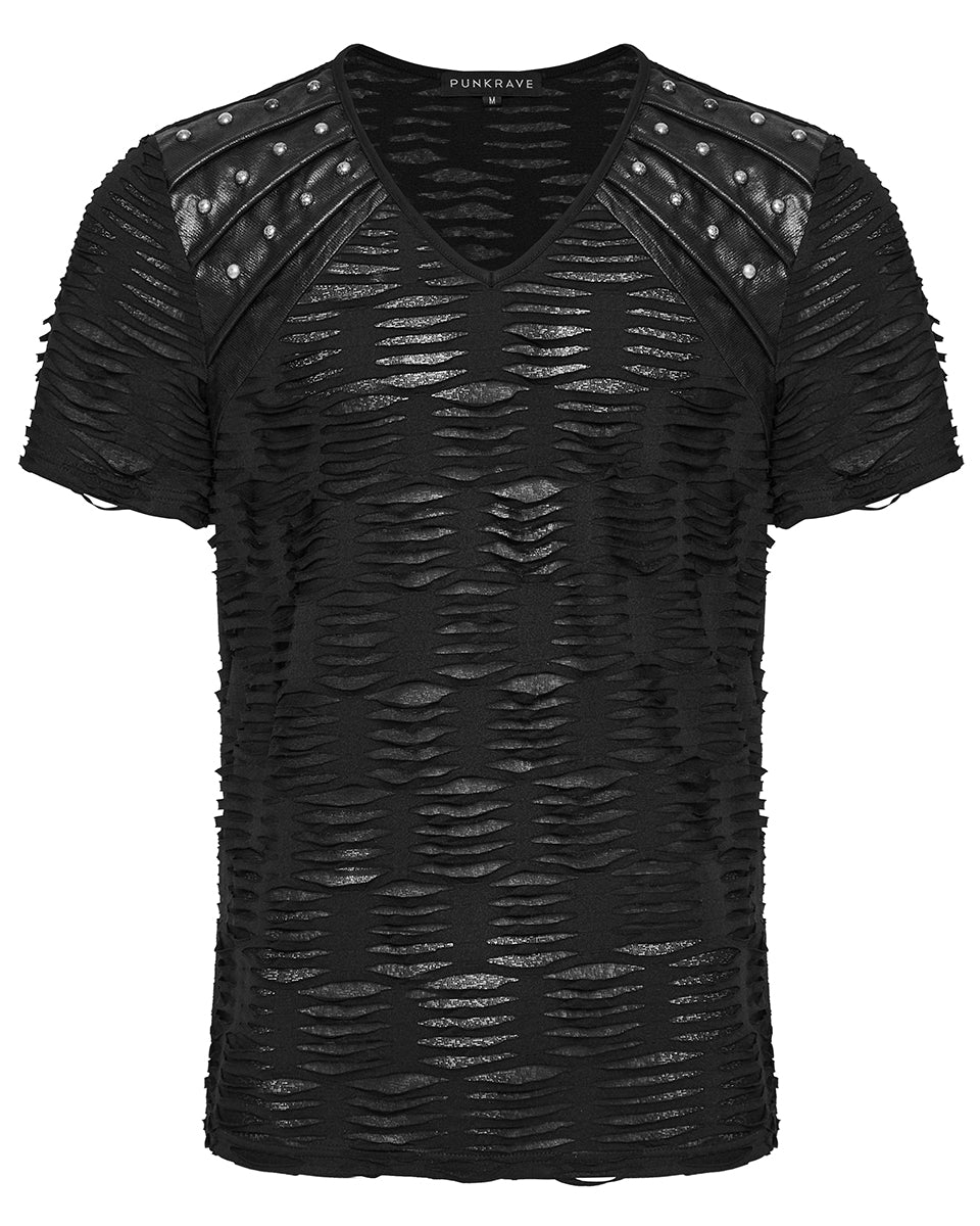WT-1011TDM-BKM Mens Apocalyptic Gothic Shredded & Studded Broken Knit T Shirt Top