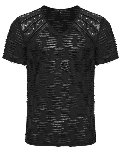 WT-1011TDM-BKM Mens Apocalyptic Gothic Shredded & Studded Broken Knit T Shirt Top