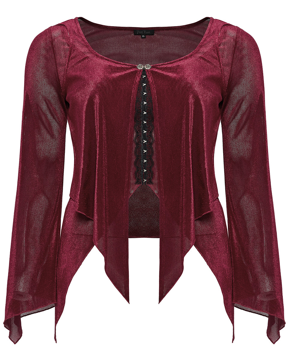 DY-1624XDF Plus Size Womens Gothic Layered Velvet & Mesh Tunic Top - Red