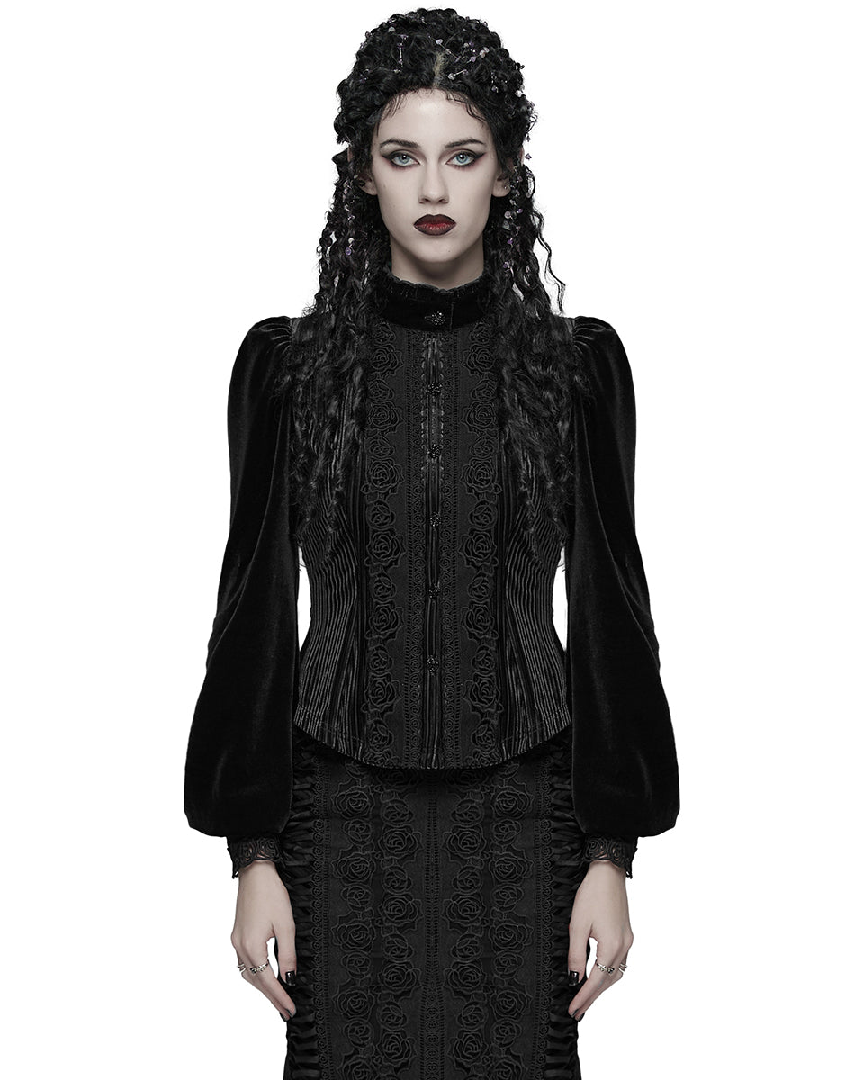 WY-1798CCF Womens Elegant Gothic Striped Velvet & Lace Applique Blouse Top - Black
