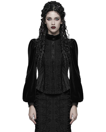 WY-1798CCF Womens Elegant Gothic Striped Velvet & Lace Applique Blouse Top - Black
