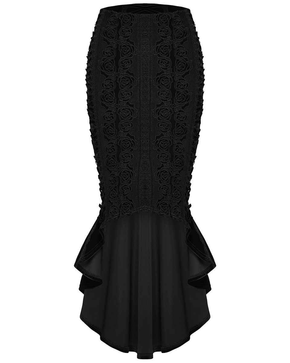 WQ-876BQF Womens Baroque Gothic Rose Embroidered Velvet Fishtail Skirt - Black