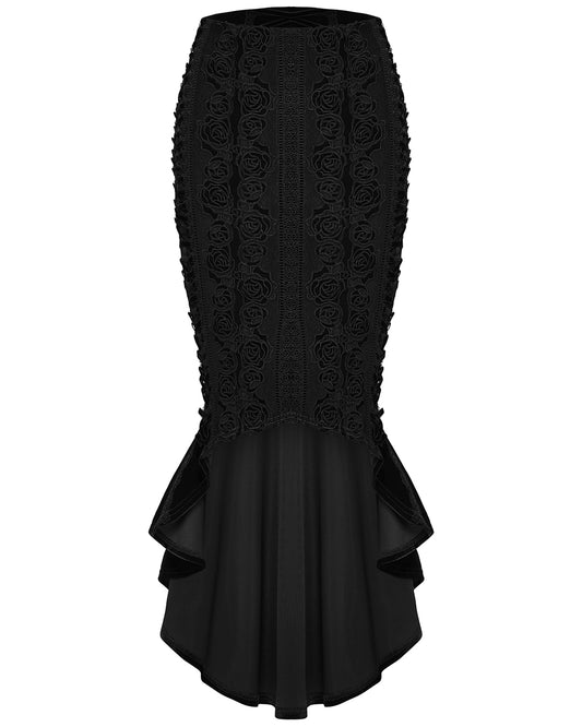 WQ-876BQF Womens Baroque Gothic Rose Embroidered Velvet Fishtail Skirt - Black