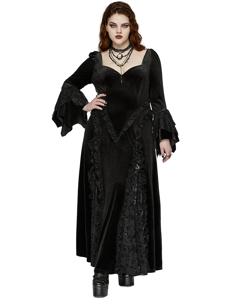 DQ-722LQF Plus Size Womens Gothic Embossed Velvet & Lace Courtesan Maxi Dress