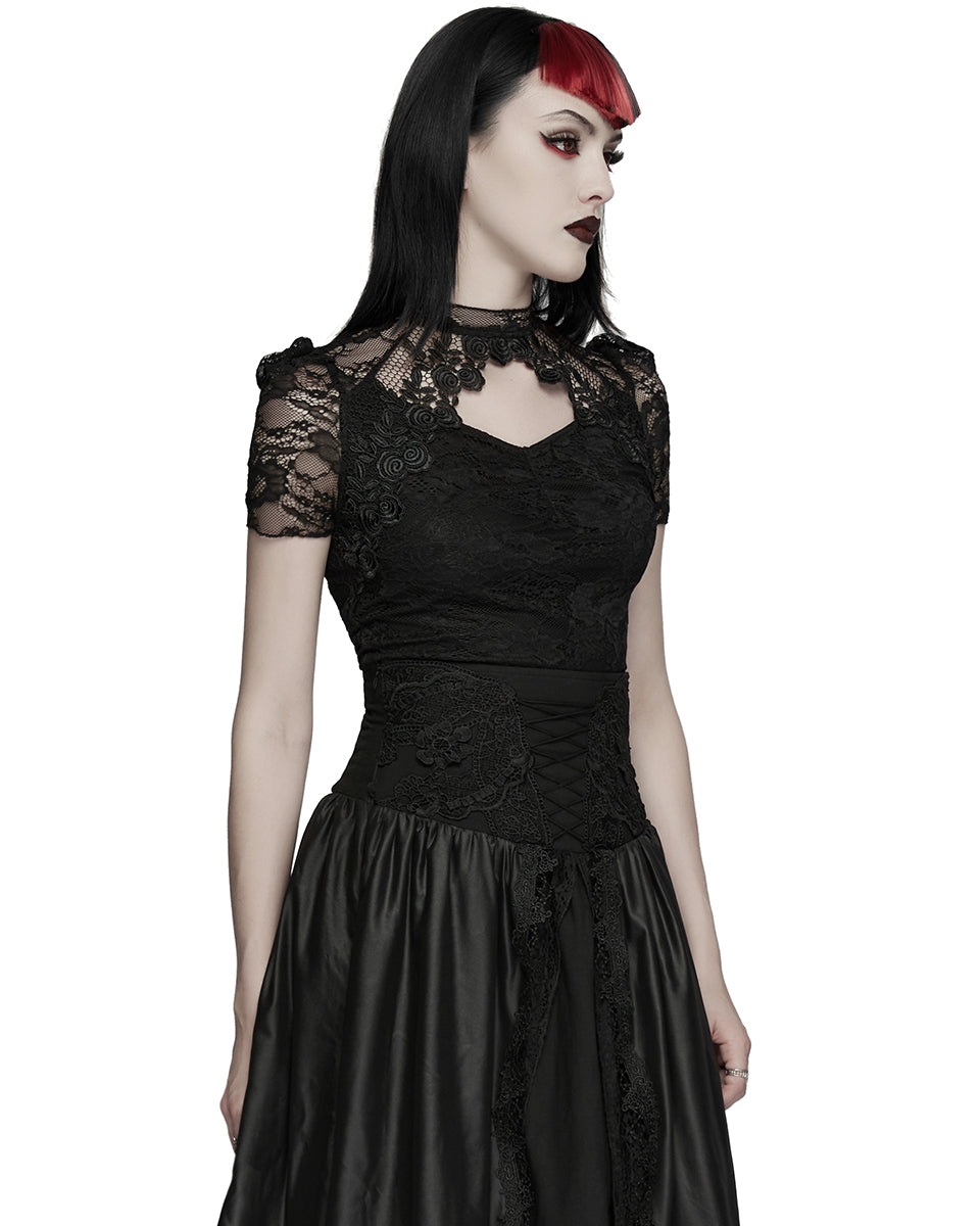 PR-OPT-989TDF-BKF Womens Elegant Gothic Lace Overlayer Applique T-Shirt Top