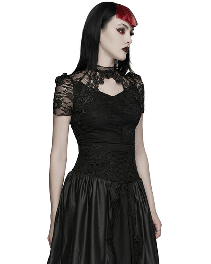 PR-OPT-989TDF-BKF Womens Elegant Gothic Lace Overlayer Applique T-Shirt Top
