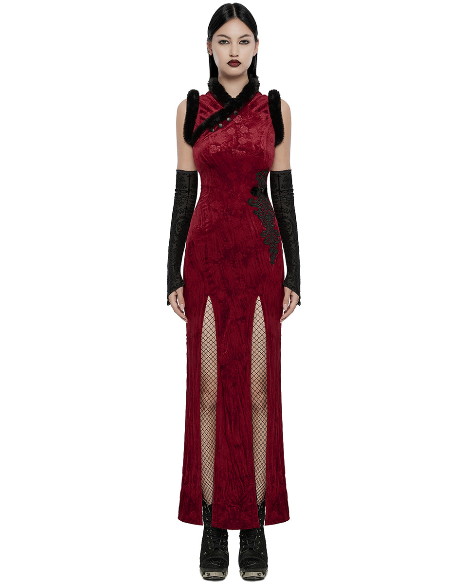 WQ-756LQF Womens Gothic Embossed Rose Velvet & Faux Fur Cheongsam Dress - Red