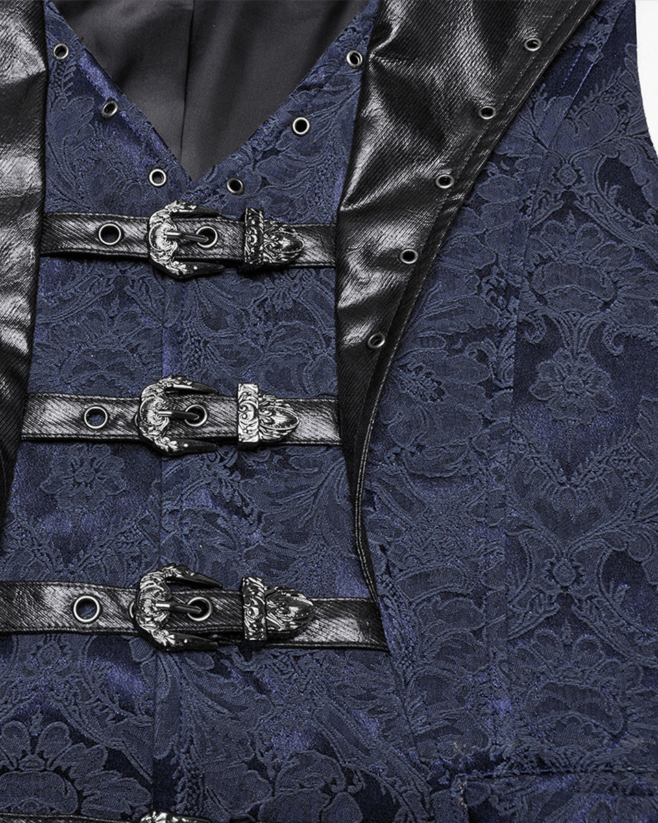 WY-1765MJM Mens Dark Victorian Gothic Damask Jacquard Waistcoat Vest - Blue