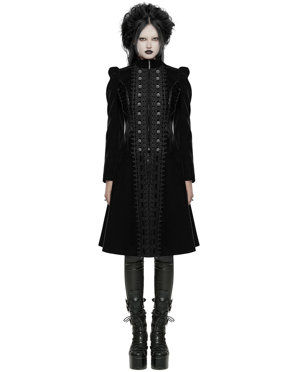 WY-1633XCF Womens Gothic Velvet Embellished Mid Length Military Coat - Black