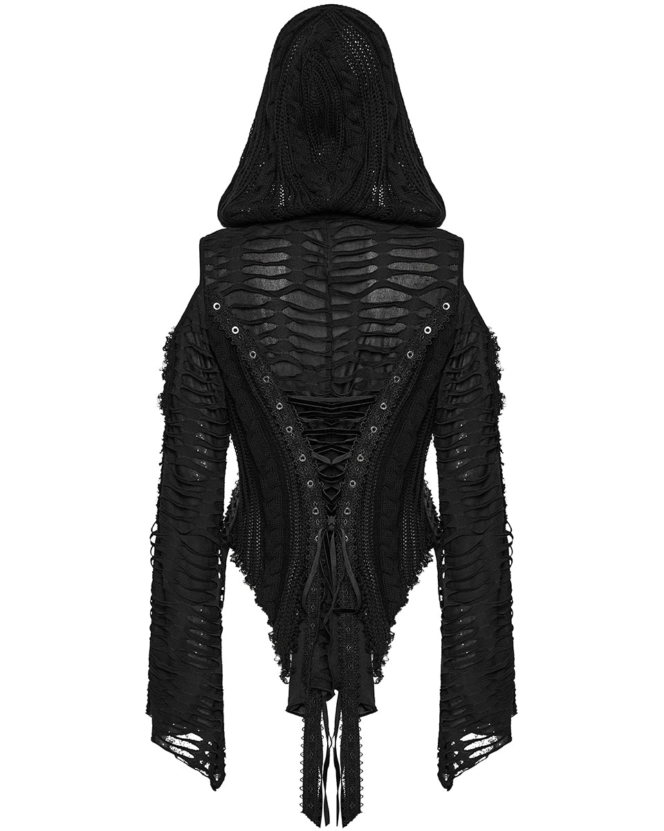 OM-089KMF Daily Life Apocalyptic Gothic Spliced Shredded Knit Hooded Cardigan Jacket