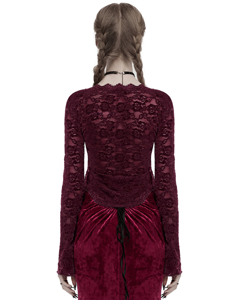 OT-1014TCF-RDF Womens Elegant Floral Lace V-Neck Top - Red