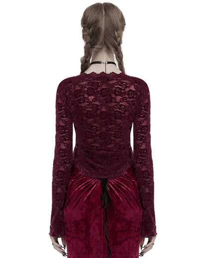 OT-1014TCF-RDF Womens Elegant Floral Lace V-Neck Top - Red