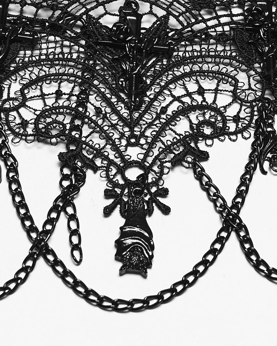 Womens Dark Gothic Chained Lace Hanging Bats Necklace
