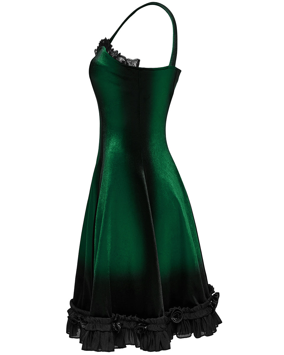 OQ-780DQF-GRF Daily Life Gothic Gradient Velvet Mini Dress - Green & Black