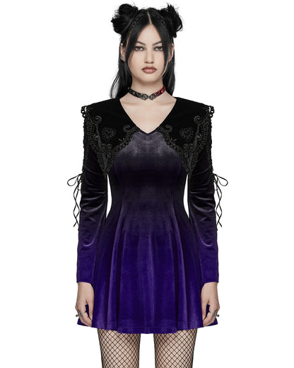 WQ-770LQF Womens Gothic Velvet Mini Dress With Oversize Embellished Collar - Purple & Black Gradient