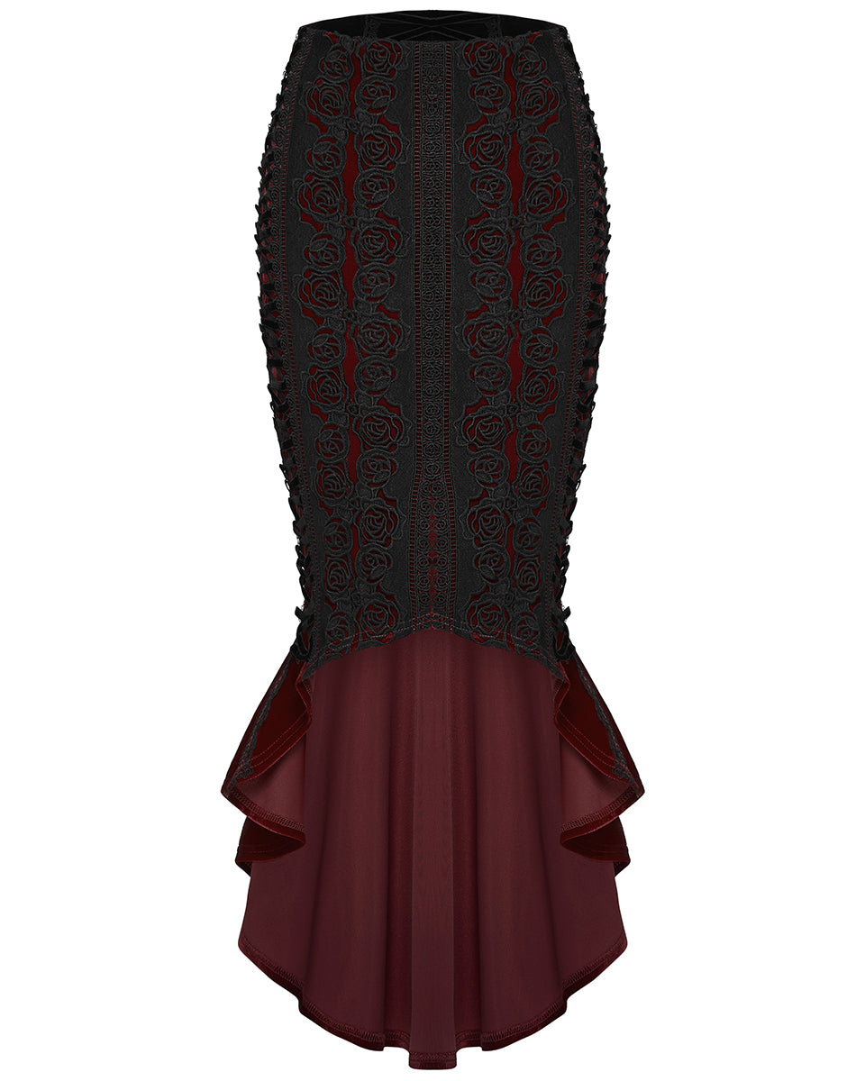 WQ-876BQF Womens Baroque Gothic Rose Embroidered Velvet Fishtail Skirt - Red & Black