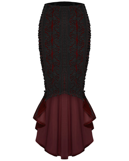 WQ-876BQF Womens Baroque Gothic Rose Embroidered Velvet Fishtail Skirt - Red & Black