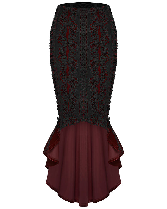 WQ-876BQF Womens Baroque Gothic Rose Embroidered Velvet Fishtail Skirt - Red & Black