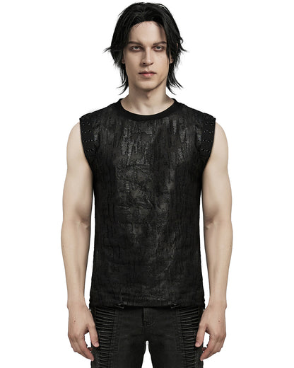 WT-887BXM-BKM Mens Apocalyptic Gothic Broken Knit Tank Top Vest - Distressed Black