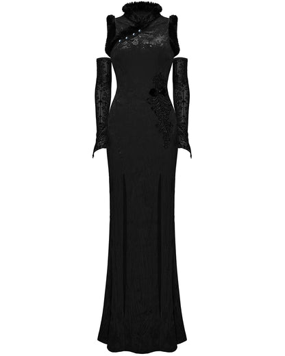 WQ-756LQF Womens Gothic Embossed Rose Velvet & Faux Fur Cheongsam Dress - Black