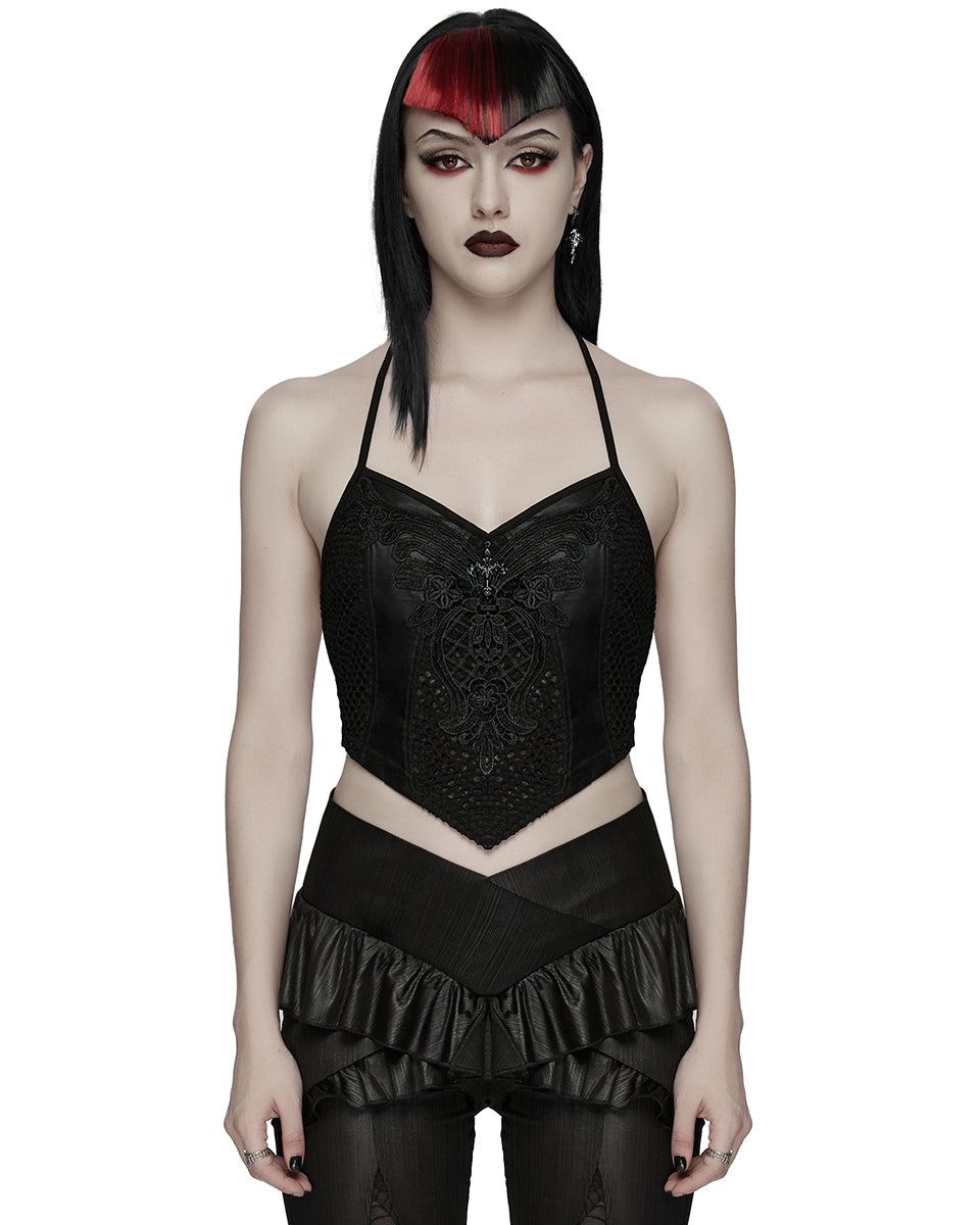 WT-1091DDF Womens Gothic Lace Applique Tie-Back Camisole Top
