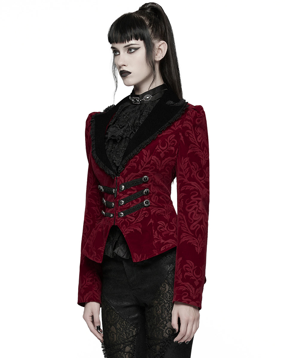WY-1833LDF Womens Gothic Aristocrat Damask Velvet Frock Coat Jacket - Red