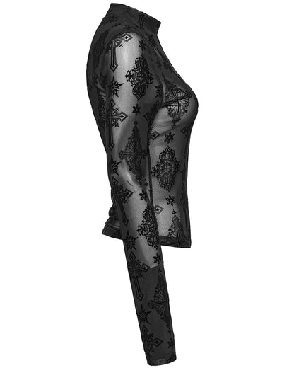 OT-990DQF-BKF Womens Gothic Flocked Mesh Crucifix Top
