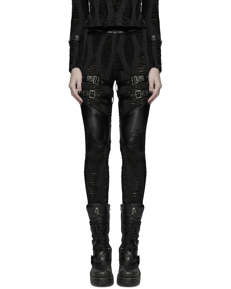 WK-743DDF Womens Apocalyptic Gothic Spliced Mesh Strapping Leggings