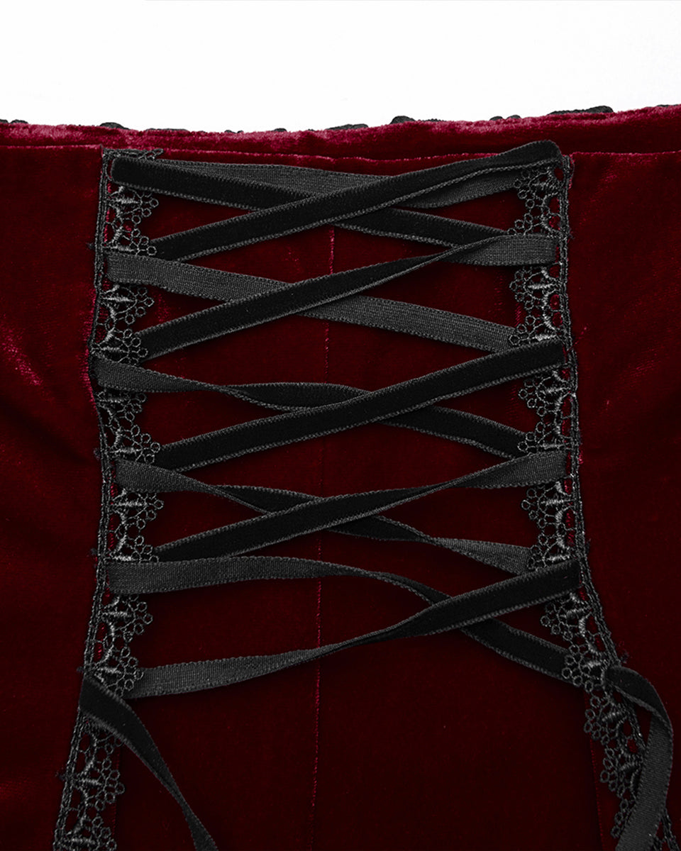 WQ-876BQF Womens Baroque Gothic Rose Embroidered Velvet Fishtail Skirt - Red & Black