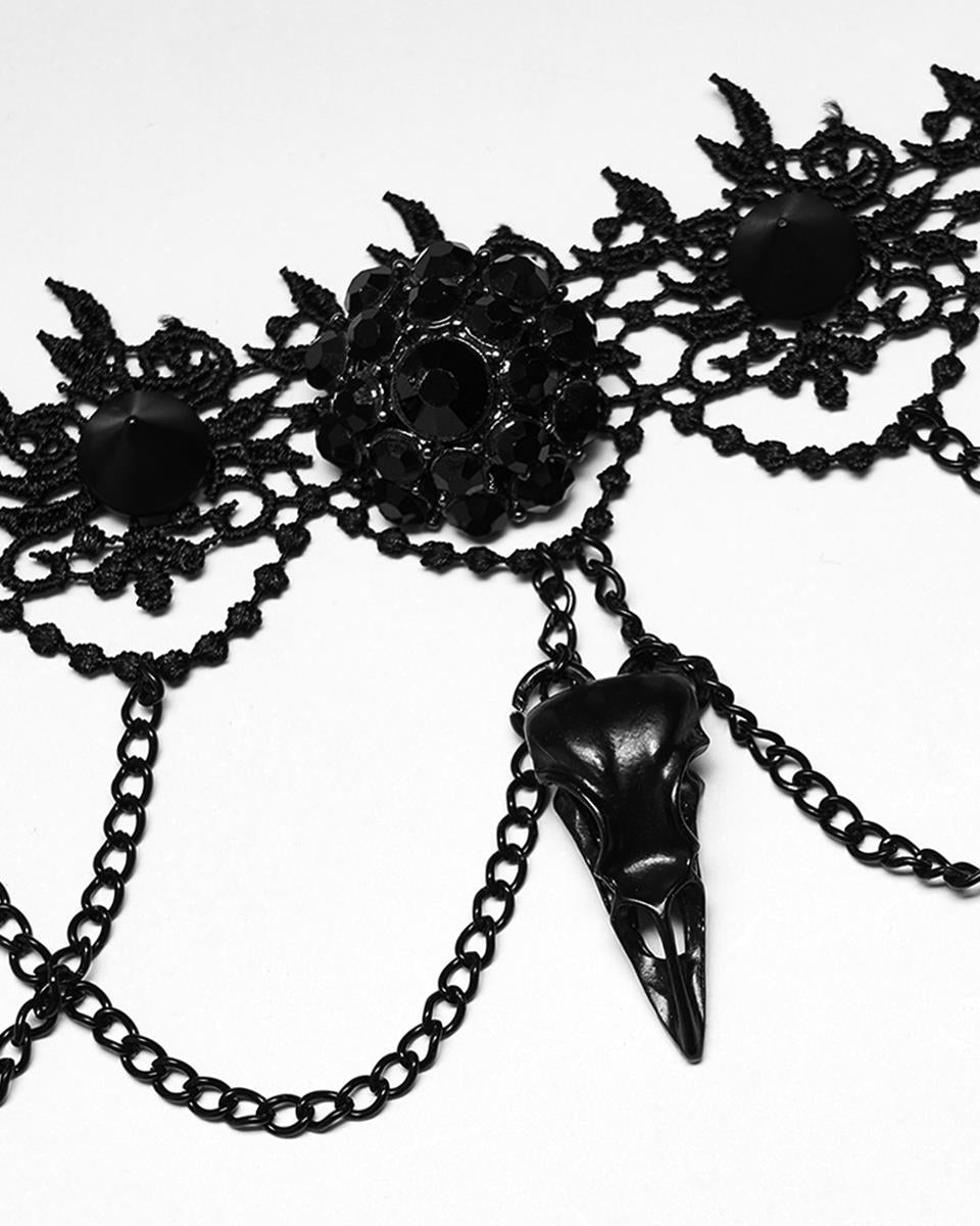 DS508-BKF Gothic Bird Skull Choker Necklace Collar Studded Black Lace Chain