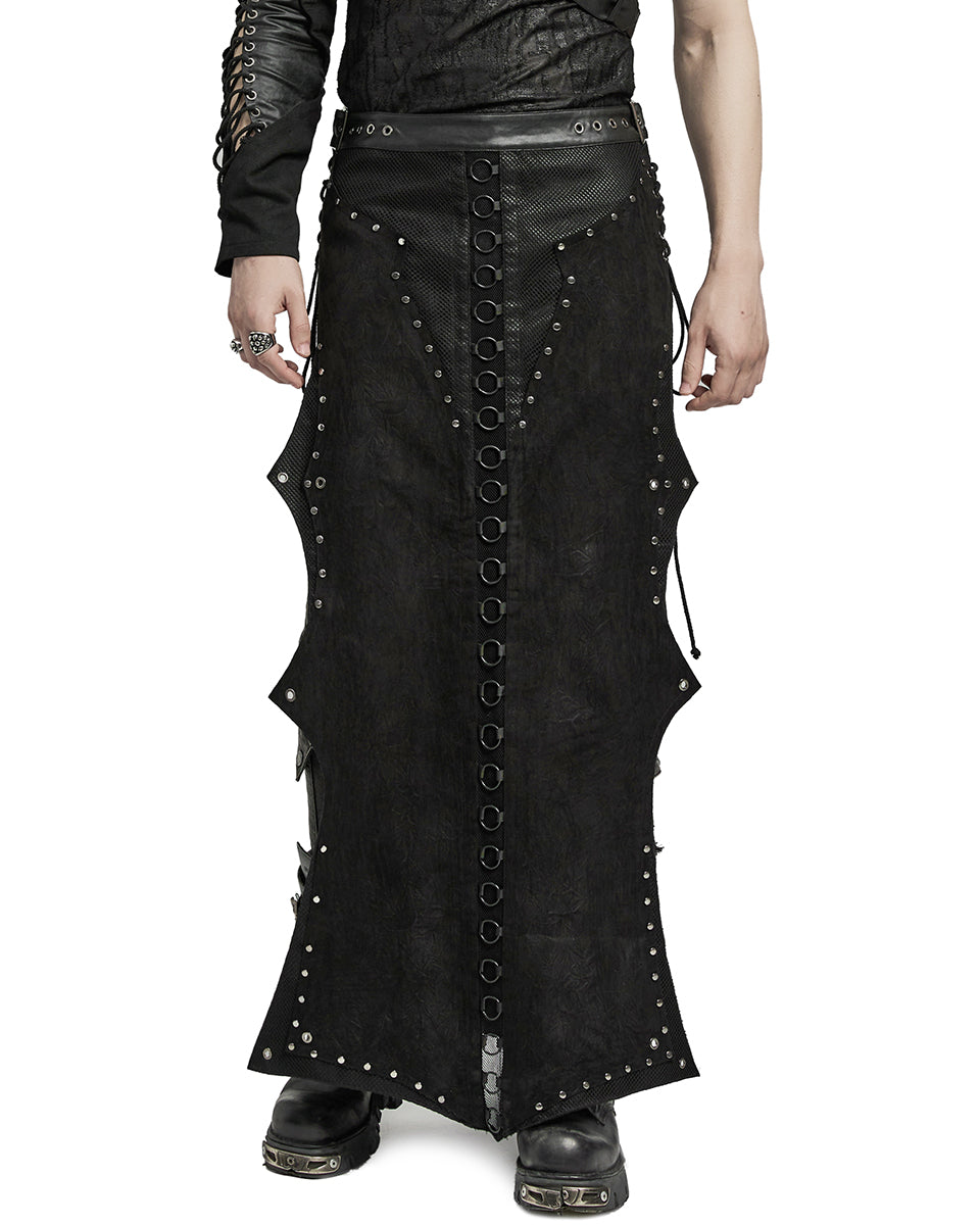 WQ-737BQM-BKM Mens Long Apocalyptic CyberPunk Mesh Contrast Kilt Skirt