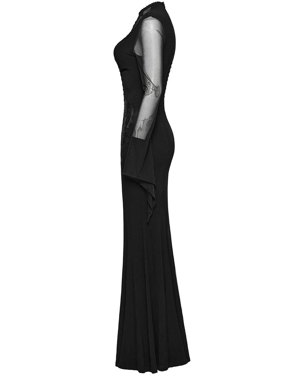 WQ-697LQF-BKF Long Gothic Lace Applique Evening Maxi Dress