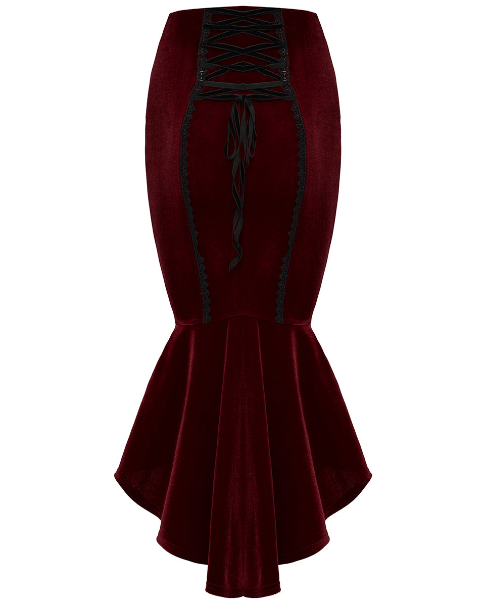 WQ-876BQF Womens Baroque Gothic Rose Embroidered Velvet Fishtail Skirt - Red & Black