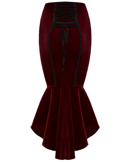 WQ-876BQF Womens Baroque Gothic Rose Embroidered Velvet Fishtail Skirt - Red & Black