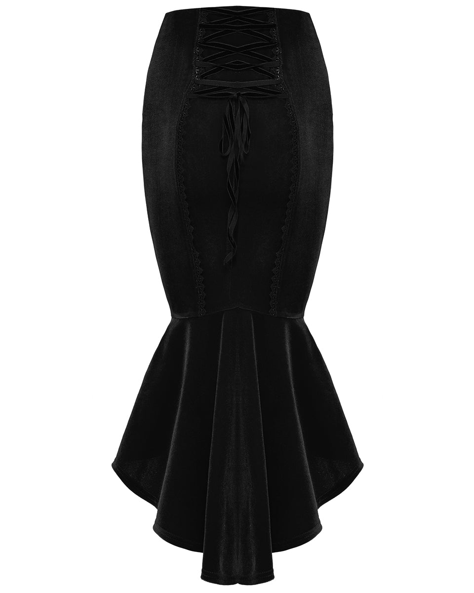 WQ-876BQF Womens Baroque Gothic Rose Embroidered Velvet Fishtail Skirt - Black