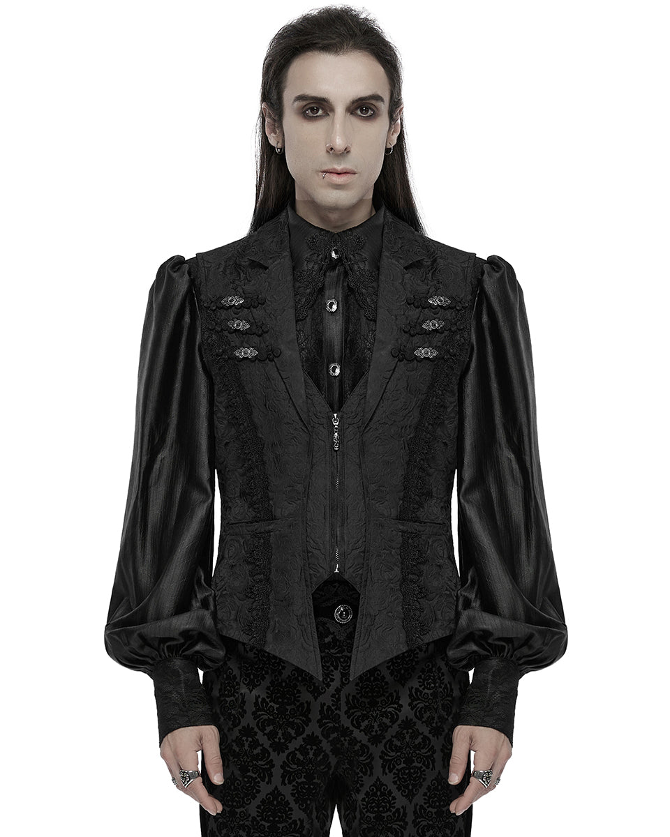 WY-1677MJM-BKM Mens Gothic Jacquard Rose Lace Applique Waistcoat Vest - Black