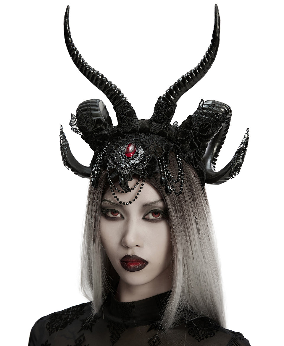 WS-833FSF Womens Dark Gothic Beaded Demon Horns 2-Piece Mesh Veil