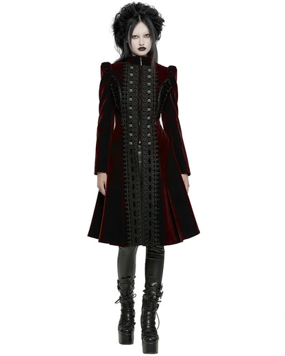 WY-1633XCF Womens Gothic Velvet Embellished Mid Length Military Coat - Red