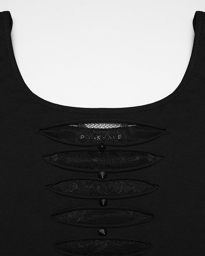 WT-1081TDF Womens Gothic Studded & Slashed Mesh Inset Tee
