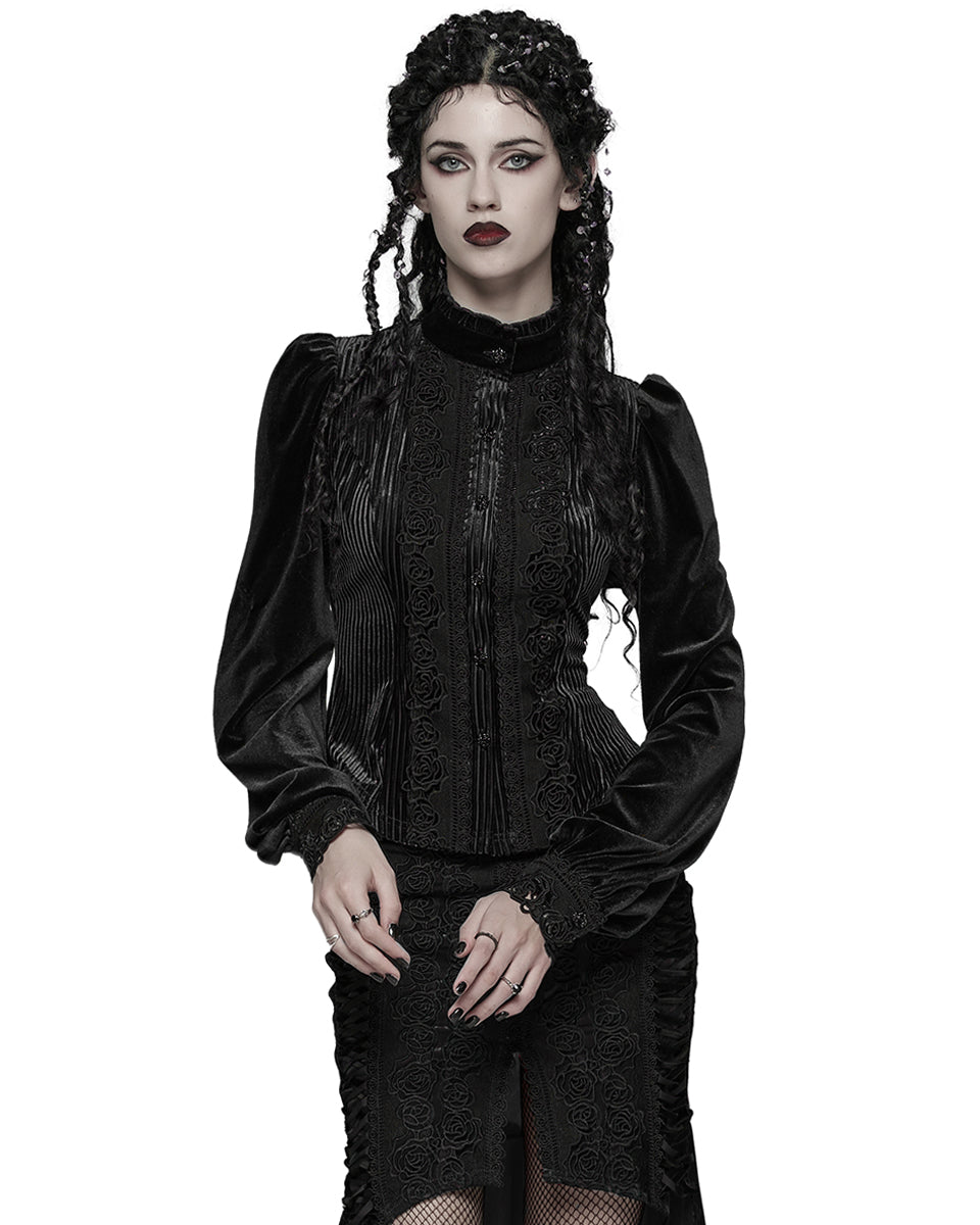 WY-1798CCF Womens Elegant Gothic Striped Velvet & Lace Applique Blouse Top - Black