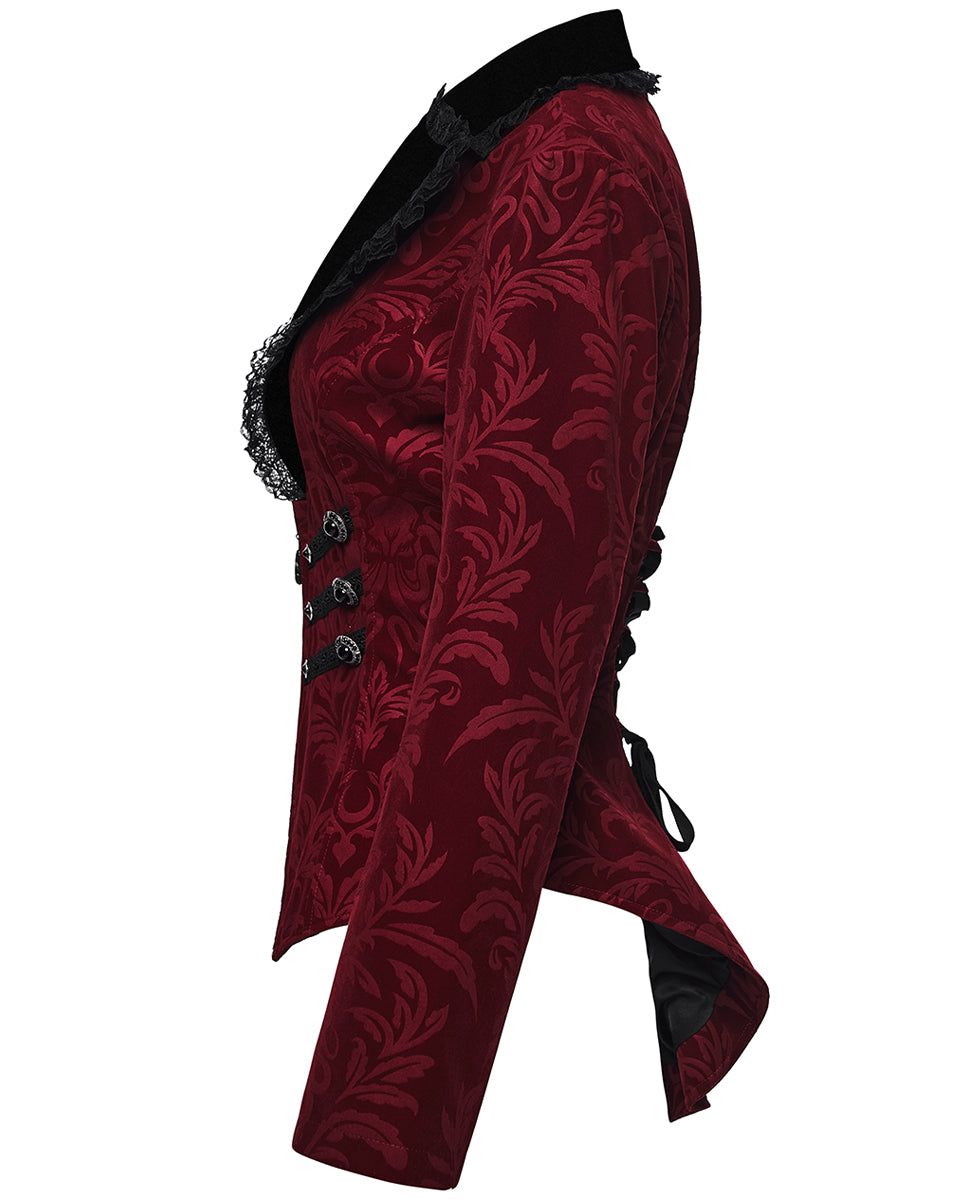 WY-1833LDF Womens Gothic Aristocrat Damask Velvet Frock Coat Jacket - Red