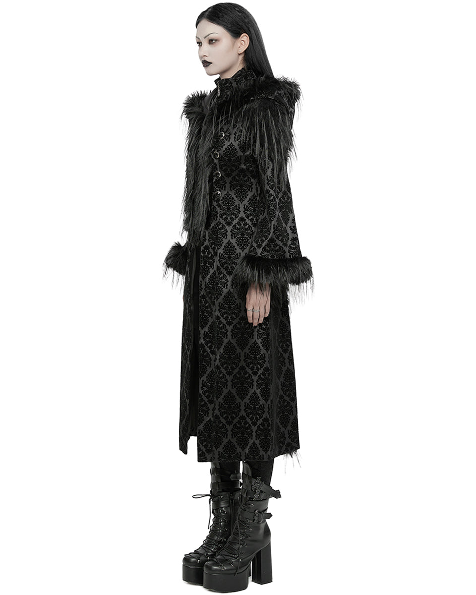 WY-1651LCF Womens Long Gothic Damask & Faux Fur Hooded Coat